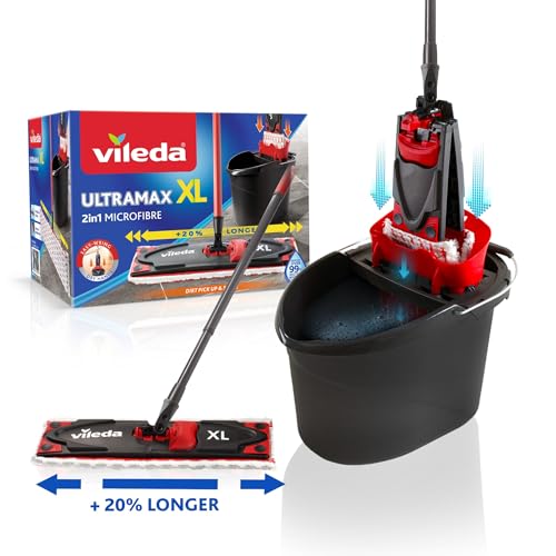 Vileda Ultramax XL 2in1 Bodenwischer Komplett Set, extrabreiter Wischmopp mit Stiel, Mikrofaserbezug und Eimer mit Powerpresse, für alle Hartböden, Wischerplatte 42cm, Stiellänge 75-130cm von Vileda