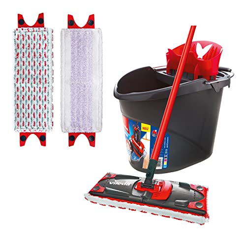Vileda Ultramax Bodenwischer Komplett Set, inkl. 2in1 Mikrofaser-Bezug und Sensitive-Bezug, Eimer mit Powerpresse, für Sensible Böden, Stiellänge 75-130cm, Eco-Verpackung von Vileda