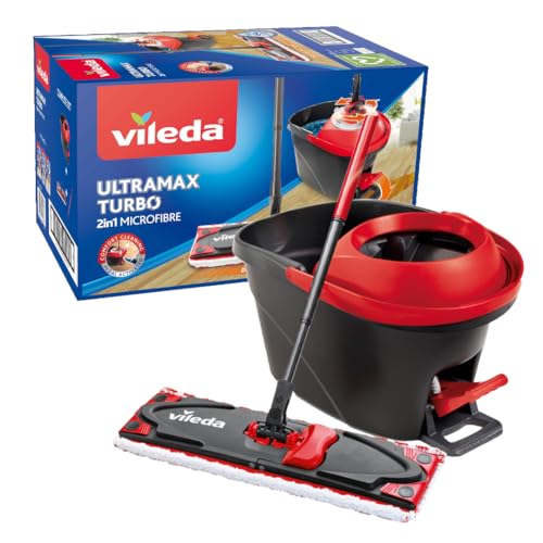 Vileda Ultramax Turbo 2in1 Bodenwischer Komplett Set, Wischmopp mit Stiel, Mikrofaserbezug und Eimer mit Powerschleuder, für alle Hartböden, Stiellänge 75-130cm von Vileda