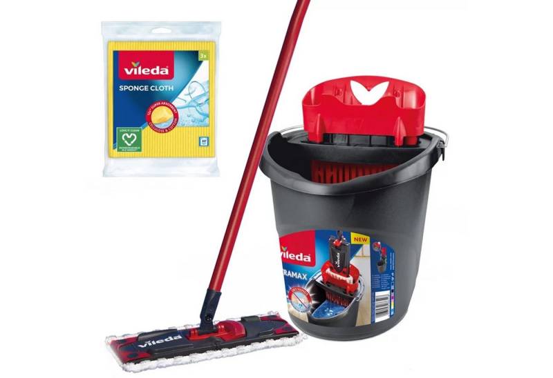 Vileda Wischmopp-Set Ultramax Mop-Set Eimer Tücher, Flachmop-Set + Eimer + 3 Tücher von Vileda