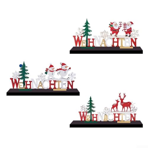 3 x Holz-Weihnachtsschmuck mit Schneemann, Weihnachtsmann und Rentier, entworfen für saisonale Tischplatte und Heimdekoration von Vilgftyiet