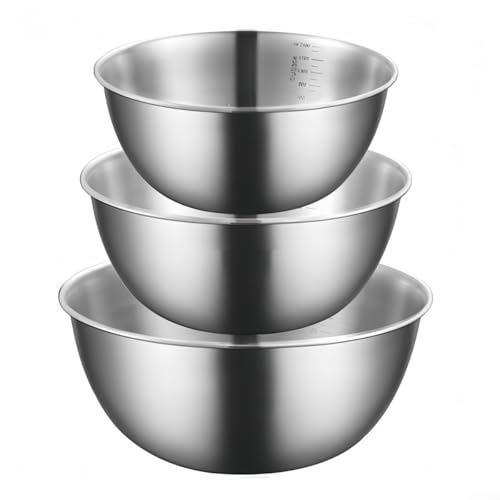 Vilgftyiet 3-teiliges Edelstahl-Rührschüssel-Set mit Messmarkierungen zum Kochen, Backen und Zubereiten von Lebensmitteln, 17 cm, 19,5 cm, 24,5 cm, stapelbar, spülmaschinenfest und stapelbar Vilgftyiet 3-teiliges Edelstahl-Rührschüssel-Set mit Messmarkierungen zum Kochen, Backen und Zubereiten von Lebensmitteln, 17 cm, 19,5 cm, 24,5 cm, stapelbar, spülmaschinenfest und stapelbar von Vilgftyiet
