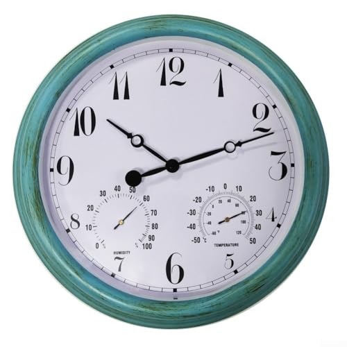 Vilgftyiet 38.1 cm Outdoor Wanduhr mit Thermometer und Hygrometer, wasserdichte Kunststoff Terrassenuhr Großes Display Gartenuhr mit Temperatur Luftfeuchtigkeit für Außenbereiche, Grün von Vilgftyiet