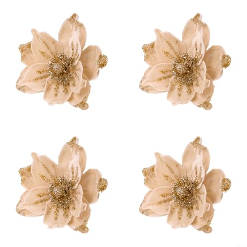 Vilgftyiet 4 Stück goldene Glitzer-Weihnachtsblumen-Dekorationen mit weichem Flanell-Material, künstliche Blumen für festliche Baumschmuck und Tischdekoration, flexibler Draht für einfache Befestigung von Vilgftyiet