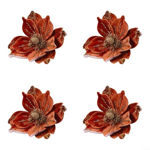 Vilgftyiet 4 Stück goldene Glitzer-Weihnachtsblumen-Dekorationen mit weichem Flanell-Material, künstliche Blumen für festliche Baumschmuck und Tischdekoration, flexibler Draht für einfache Befestigung von Vilgftyiet