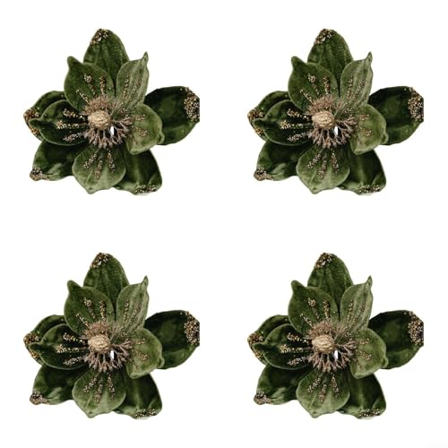 Vilgftyiet 4 Stück goldene Glitzer-Weihnachtsblumen-Dekorationen mit weichem Flanell-Material, künstliche Blumen für festliche Baumschmuck und Tischdekoration, flexibler Draht für einfache Befestigung von Vilgftyiet