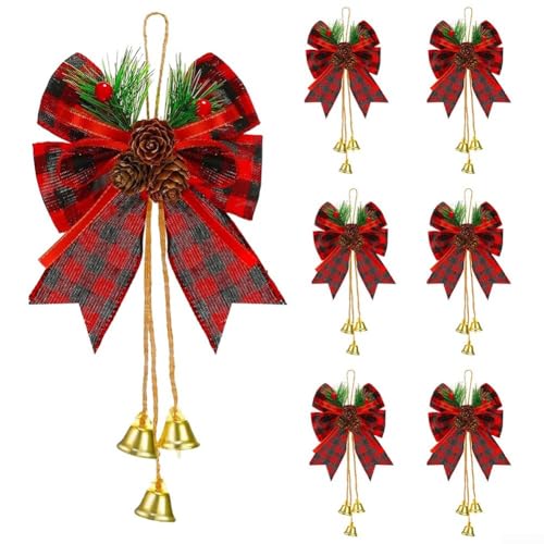 Vilgftyiet 6 Stück Büffel Plaid Weihnachtsbaum Schleifen mit Tannenzapfen, Beeren und Glocken, Band hängende Ornamente für Kranz, Geschenkbox, Fenster oder Tischdekoration, festliches Urlaubszubehör von Vilgftyiet