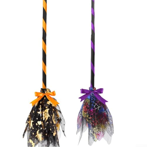 Vilgftyiet Halloween-Hexenbesen – 90 cm leichter DIY-Besen mit Spinnennetz-Design – abnehmbar und tragbar – perfekt für Hexenkostüme & Cosplay (2 Stück) (Hexenhut) von Vilgftyiet