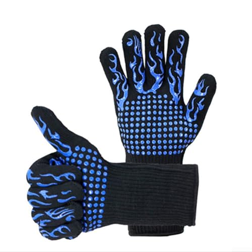 Vilgftyiet Hitzebeständige Grillhandschuhe mit verlängerter Manschette für Ofen und Grill, flexibles 5-Finger-Design und Silikonbeschichtung für sichere Handhabung (blau) von Vilgftyiet