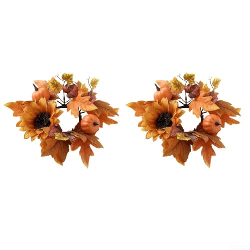 Vilgftyiet Kerzenkranz Tafelaufsatz mit Ahornblättern, Sonnenblumen und Kürbissen, Herbstkerzenringhalter für Halloween, Erntedankfest, Ernte, Festival, Tischkamin oder Kamindekoration, 25 cm (1) von Vilgftyiet