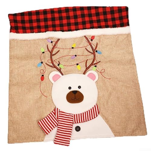Weihnachtsstuhl-Rückabdeckung mit klassischen Weihnachtsmann-Schneemann-Rentier-Themen für Esszimmerstühle, rutschfester und knitterfreier Leinenstoff (Bär) von Vilgftyiet