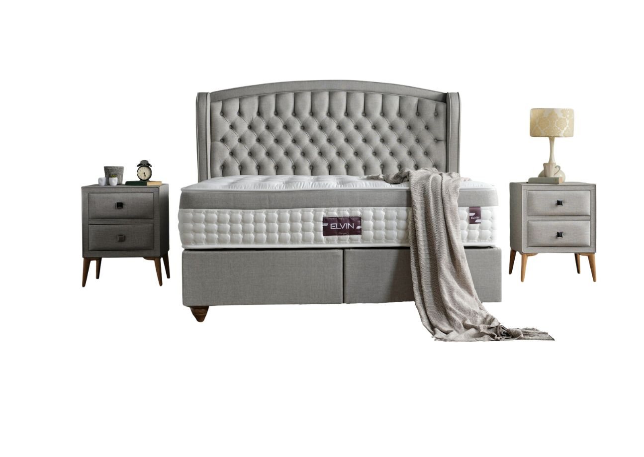 Villa Möbel Boxspringbett Elvin (Bett, mit gestepptem Kopfteil in pflegeleichtem Mikrofaser-Bezug), Bettkasten mit XXL Stauraum & Gasdruckfedern für einfache Handhabung von Villa Möbel