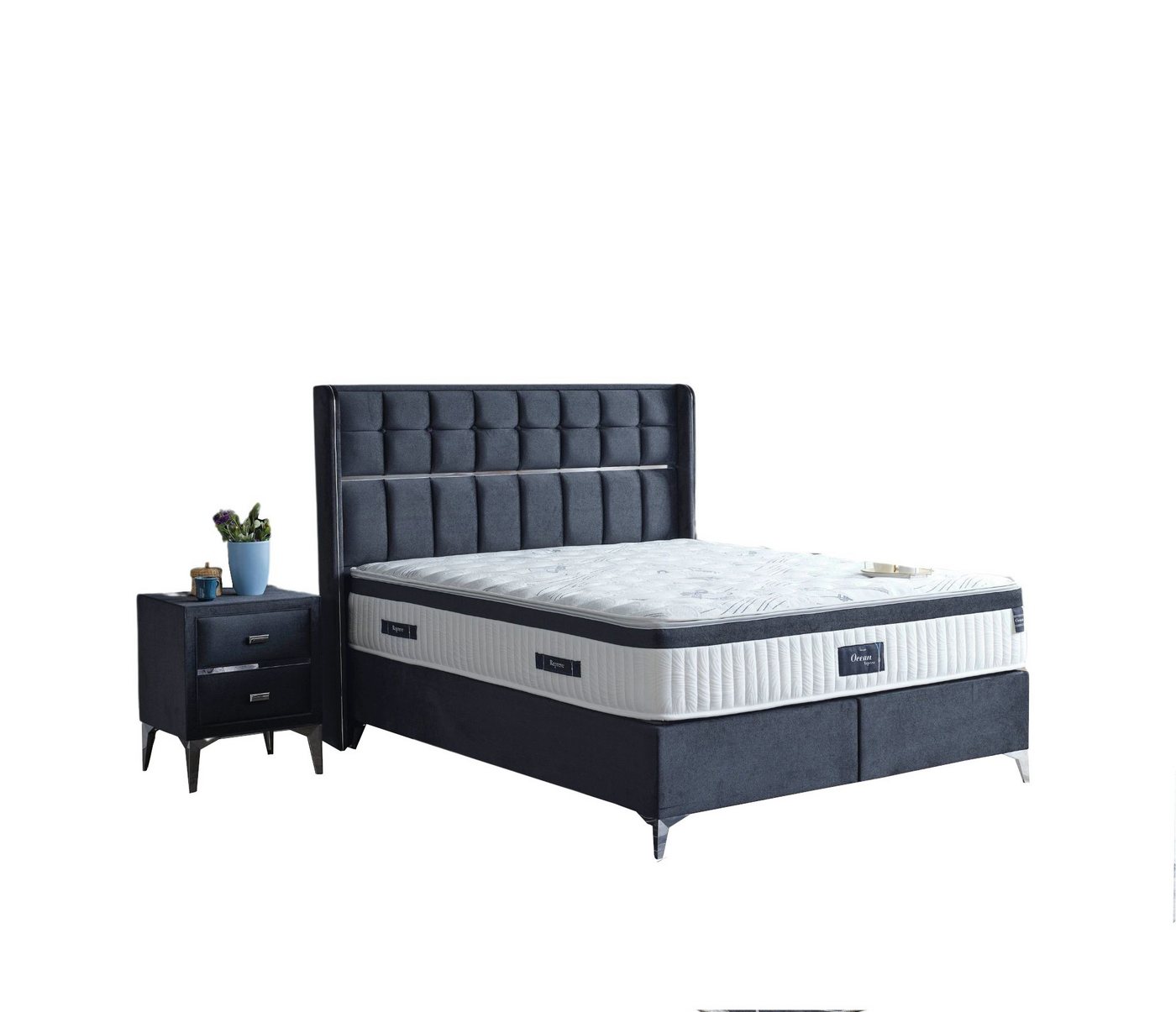 Villa Möbel Boxspringbett Ocean (Bett, mit gestepptem Kopfteil in pflegeleichtem Mikrofaser-Bezug), Bettkasten mit XXL Stauraum & Gasdruckfedern für einfache Handhabung von Villa Möbel