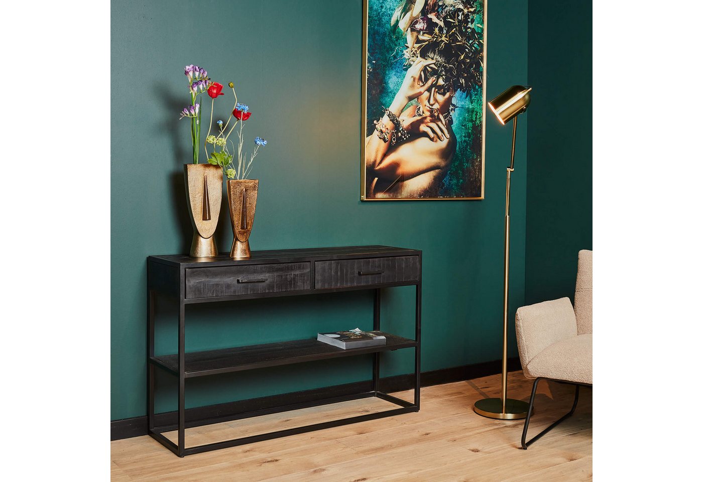 Villa Möbel Konsolentisch Konsolentisch Denver Black 2 Schubladen (120x35x76cm), Mango Massivholz mit Lounge-Gestell von Villa Möbel