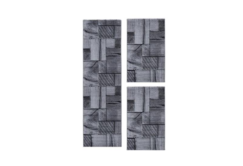 Villa Möbel Kurzflor-Bettumrandung Abstrakt Wellen Design, Höhe 12 mm, (3-tlg), Modern Kurzflor Teppich Wohnzimmer Holz Optik Schwarz versch. größe von Villa Möbel