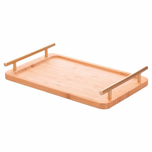 Rechteckiges Tablett aus Bambus, 33 x 20 cm, Griffe Gold, Natur von Villa d'Este Home Tivoli