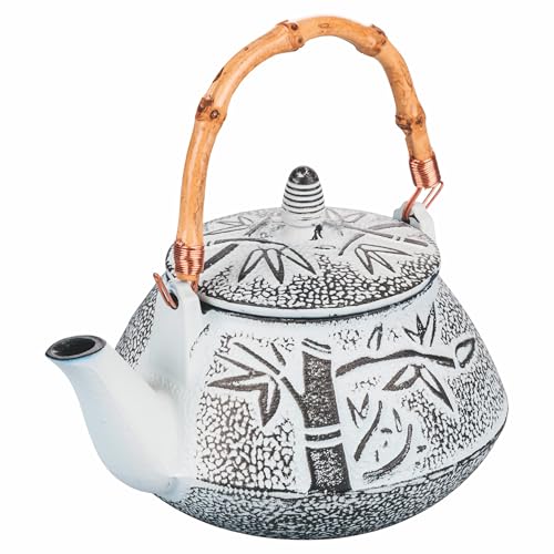 Teekanne 800 ml aus Gusseisen Bambusgriff Sieb Edelstahl weiß von Villa d'Este Home Tivoli