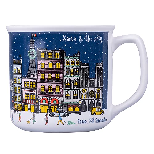 Villa d'Este Home Tivoli Frühstückstasse aus New Bone China, 350 ml, Xmas & The City, Blau + Weiß, Medium von Villa d’Este Home Tivoli