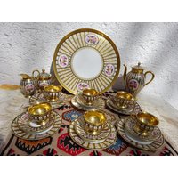 Vintage Mokkaservice Auf Tablett Weiß Gold Schwarz Mit Rosendekor, Mokkakanne Milchkännchen Zuckerdose, Kaffeeservice, Thomas Bavaria Haviland von VillaMiriFiori
