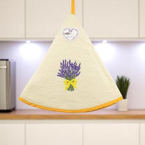 Handtuch Bouquet de Lavande - Rund mit Clip - Ecru - Gestickte Muster - 100% Baumwolle - Ø 65 cm im Durchmesser - Küche oder Bad - Maschinenwaschbar von Villages de Provence