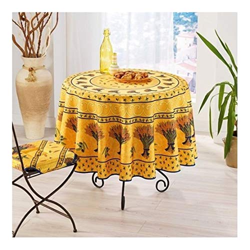 Runde schmutzabweisende Tischdecke - Faltenbeständig und 100% Polyester - Gelb - Ø 180 cm - Bouquet de Blé - 6/8 Besteck - Innen oder Außen - Esstisch, Küche oder Garten von Villages de Provence