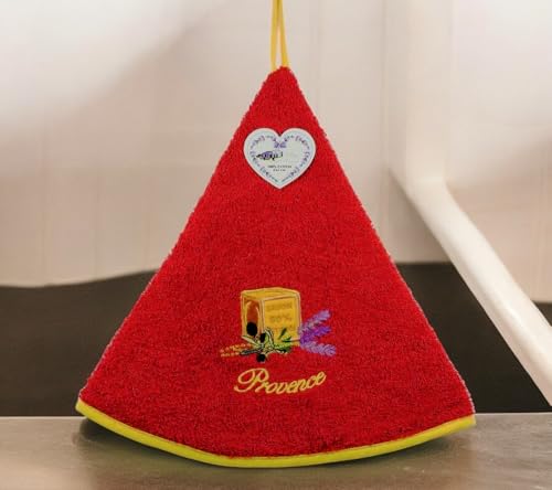 Villages de Provence Handtuch Un Savon - Rund mit Clip - Rot - Gestickte Muster - 100% Baumwolle - Ø 65 cm im Durchmesser - Küche oder Bad - Maschinenwaschbar von Villages de Provence