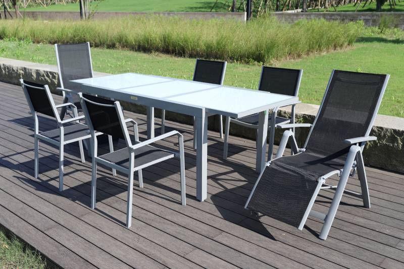 VILLANA Esstischset, silber/schwarz, Alu/Textilene, Ausziehtisch 160/220 x 90 cm, 2 Relaxsessel, 4 Stapelsessel von Villana