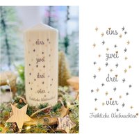 Adventskerze - Kalenderkerze 1-4 Deko Kerze Advent Skandinavisch Weihnachten Feiern Elanor 1 Fröhliche Sterne Gold-Silber Farben Adventskerze - Kalenderkerze 1-4 Deko Kerze Advent Skandinavisch Weihnachten Feiern Elanor 1 Fröhliche Sterne Gold-Silber Farben von Villarosalotta
