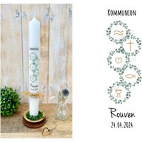 Kommunionkerze Eukalyptus „Rouven Eukalyptuskranz" Kreuz Grün Gold Kranz Taufkerze Christliche Symbole Wellen Fisch Herz Kelch Kommunionkerze Eukalyptus „Rouven Eukalyptuskranz" Kreuz Grün Gold Kranz Taufkerze Christliche Symbole Wellen Fisch Herz Kelch von Villarosalotta