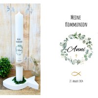 Kommunionkerze Eukalyptus Kranz „Anni " Fisch Kreuz Grün Gold Eukalyptuskranz Taufkerze Konfirmationskerze Personalisiert Kommunionkerze Eukalyptus Kranz „Anni " Fisch Kreuz Grün Gold Eukalyptuskranz Taufkerze Konfirmationskerze Personalisiert von Villarosalotta