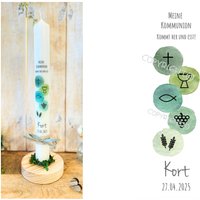 Kommunionkerze "Kommt Her Und Esst" Christliche Symbole Kreuz Fisch Weizen Ähren Kelch Trauben Grün Taufkerze Kort Eukalyptus Band Kommunionkerze "Kommt Her Und Esst" Christliche Symbole Kreuz Fisch Weizen Ähren Kelch Trauben Grün Taufkerze Kort Eukalyptus Band von Villarosalotta