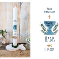 Kommunionkerze " Kommt Her Und Esst Kelch Christliche Symbole Kreuz Fisch Weizen Ähren Blau Watercolor Taufkerze - Hans Gold Band von Villarosalotta