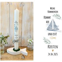 Kommunionkerze Spruch " Kommt Her Und Esst Christliche Symbole Boot Segelboot Schiff Fisch Watercolor Taufkerze Kirsten Band Eukalyptus Kommunionkerze Spruch " Kommt Her Und Esst Christliche Symbole Boot Segelboot Schiff Fisch Watercolor Taufkerze Kirsten Band Eukalyptus von Villarosalotta