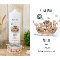 Taufkerze Arche Noah Boot Kreuz | Schiff Regenbogen Kommunionkerze Konfirmationskerze Für Mädchen Jungen Mit Namen Und Datum "Albert" von Villarosalotta
