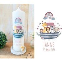 Taufkerze Arche Noah Mit Regenbogen Eukalyptus Rosa Kommunionkerze Konfirmationskerze Für Jungen Mädchen Namen Und Datum "Janne" von Villarosalotta