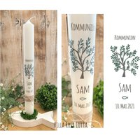 Taufkerze Baum Des Lebens Lebensbaum Niclas Herz Namen Personalisiert Grün Dunkelgrün Grau Jute Kommunionkerze Konfirmationskerze von Villarosalotta