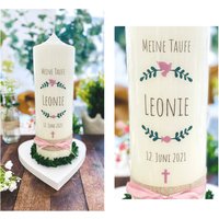 Taufkerze Blätterzweige "Hermine" Christliche Symbole Kranz Blätter Zweige Taube Fisch Kreuz Grün Altrosa Rustik Name Personalisiert von Villarosalotta