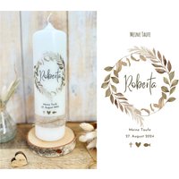 Taufkerze Boho Kranz "Roberta" Braun | Beige Herz Kreuz Fisch| Gras Kommunionkerze Konfirmationskerze von Villarosalotta