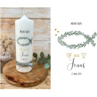 Taufkerze Eukalyptus Fisch | Gold Kommunionkerze Konfirmationskerze Für Jungen Mädchen Mit Namen Und Datum "Jonas" von Villarosalotta