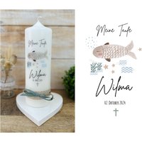 Taufkerze Fisch Watercolor "Wilma" | Kreuz Wellen Beige Rosa Blau Sterne Boho Kommunionkerze Konfirmationskerze Taufkerze Fisch Watercolor "Wilma" | Kreuz Wellen Beige Rosa Blau Sterne Boho Kommunionkerze Konfirmationskerze von Villarosalotta