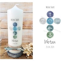 Taufkerze Kreuz Aquarell Blau "Wotan" Christliche Symbole Wellen Fisch Herz Anker Grün Grau Silber Kommunionkerze Konfirmationkerze von Villarosalotta
