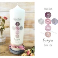 Taufkerze Kreuz Taufsymbole "Katrin" Watercolor Christliche Symbole Wellen Fisch Herz Anker Rosa Silber Kommunionkerze Konfirmationskerze von Villarosalotta