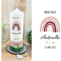 Taufkerze Regenbogen Blumen Rosa „Antonella" Konfirmationskerze Kreuz Fisch Glaube Liebe Hoffnung Herz Anker Ranke Rot Kommunionkerze von Villarosalotta