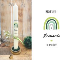 Taufkerze Regenbogen Grün „Leonardo Kreuz" Konfirmationskerze Punkte Fisch Glaube Liebe Hoffnung Herz Anker Pastell Mint Grau Kommunionkerze von Villarosalotta