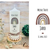 Taufkerze Regenbogen Jaro Fisch Kreuz Braun Beige Ocker Rustik Konfirmationskerze Kommunionkerze von Villarosalotta