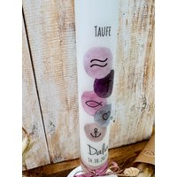 Taufkerze Watercolor Christliche Symbole Modern „Emilia" Wellen Kreuz Fisch Herz Anker Rosa Altrosa Grau Silber Jute Namen Kommunionkerze von Villarosalotta