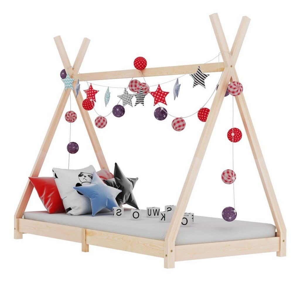 Villawee Hausbett Tipi Kinderbett Natur IDA Massivholz Kiefer Zeltbett 70 x 140 cm von Villawee