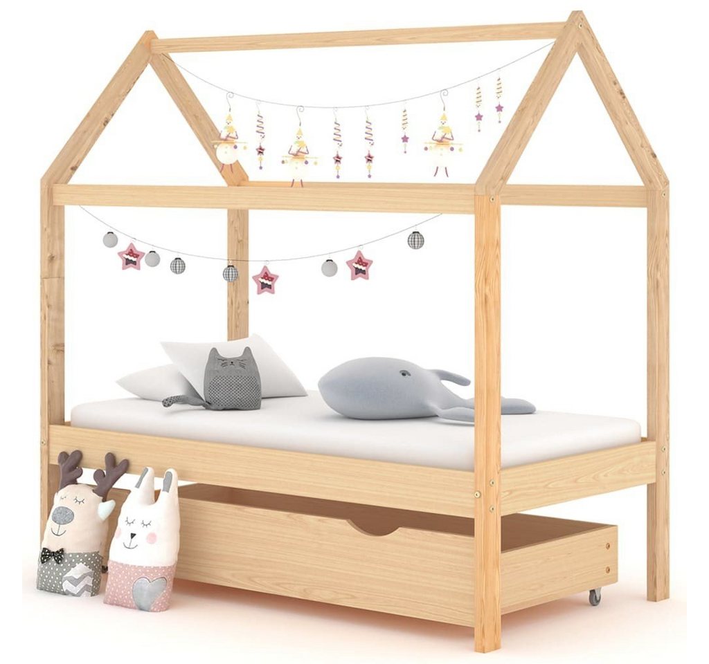 Villawee Hausbett mit Schublade ANNA Natur Massivholz Kiefer Kinderbett 70 x 140 cm von Villawee