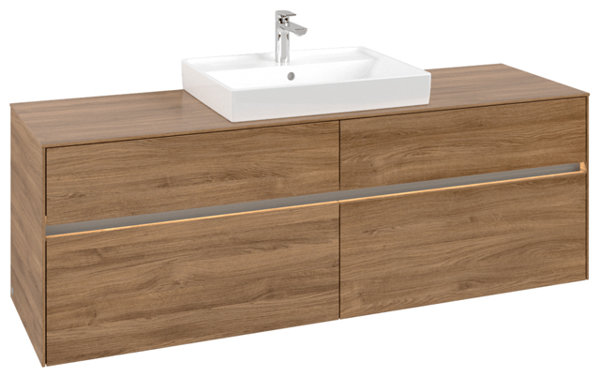 Villeroy & Boch Collaro Waschbeckenunterschrank mit Beleuchtung, 1600x548x500 mm, 4 Auszüge , für Waschbecken mittig, C025B0, Farbe: Front/Korpus: Kansas Oak, Griff: Anthracite Matt von Villeroy und Boch AG