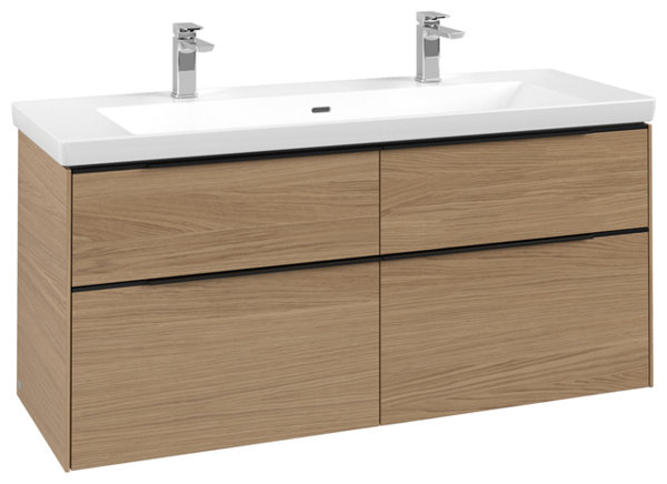 Villeroy & Boch Subway 3.0, Waschbeckenunterschrank, 1272x576x478 mm, 4 Auszüge, C60202, Farbe: Front/Korpus: Nordic Oak, Griff: Volcano Black - C60201VJ von Villeroy und Boch AG